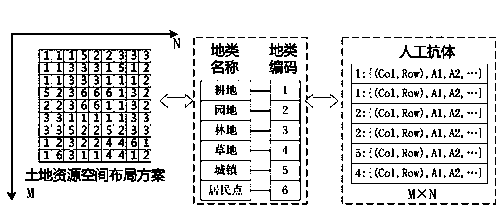 Method for optimizing spatial layout of land resources based on multi-target artificial immunization system