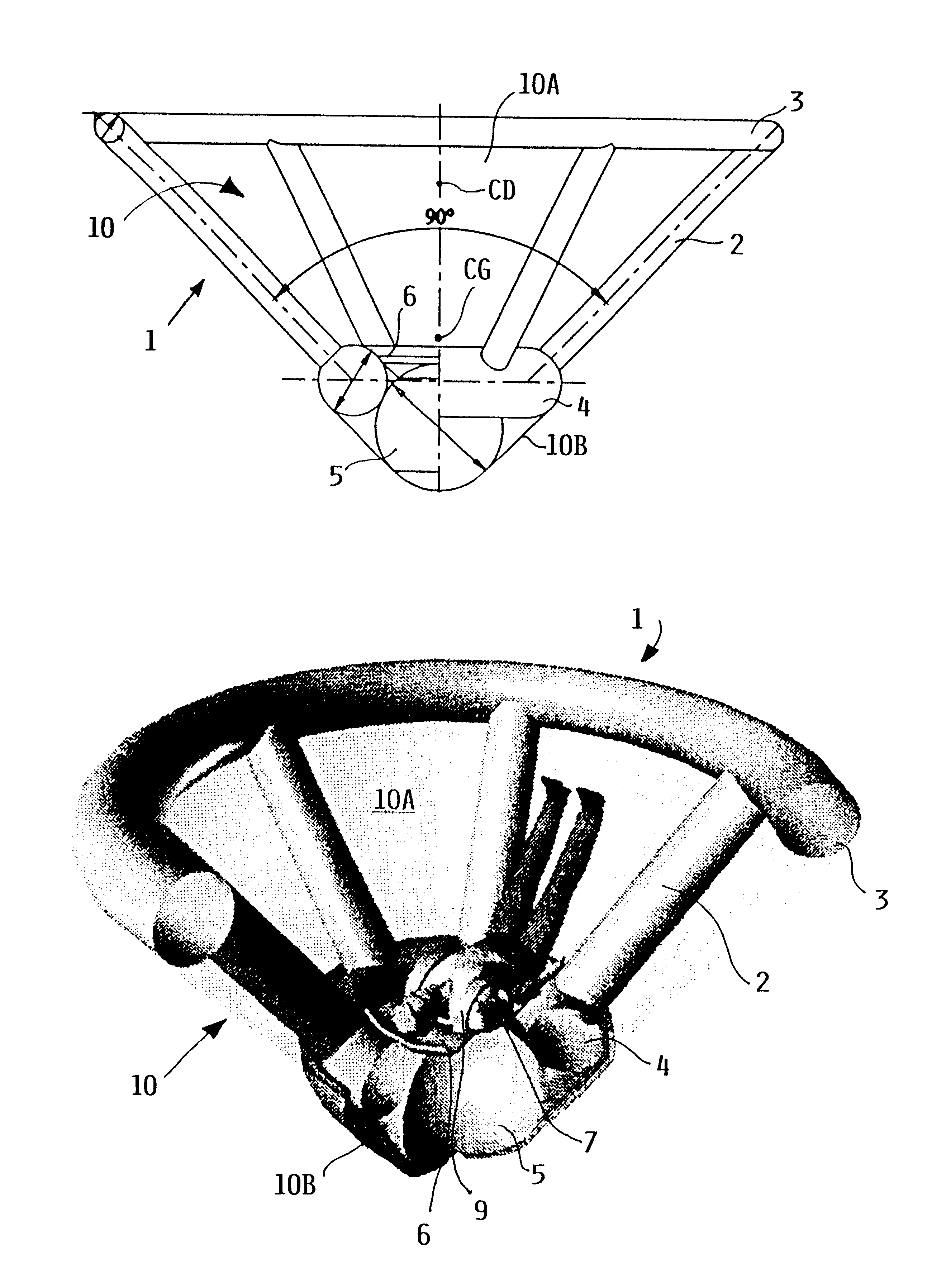 Inflatable flying body for the rescue descent of a person