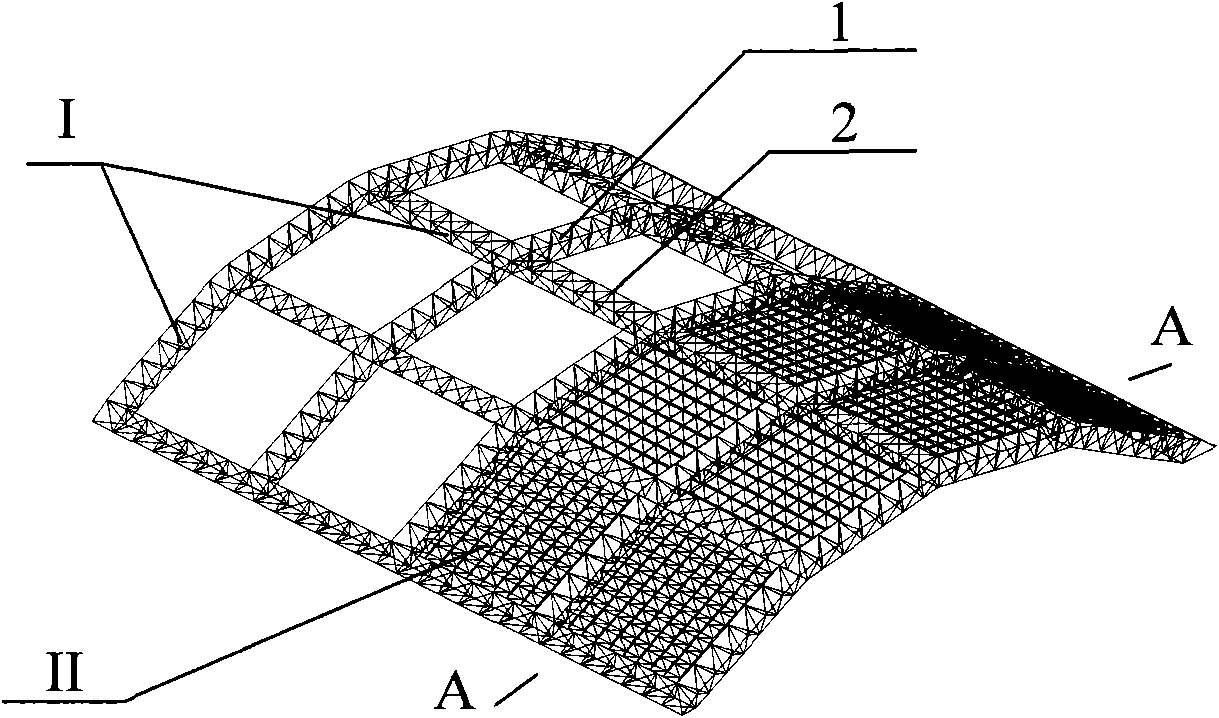 Large lattice structure with plate type grid substructure and cylindrical surface type crossed space truss system