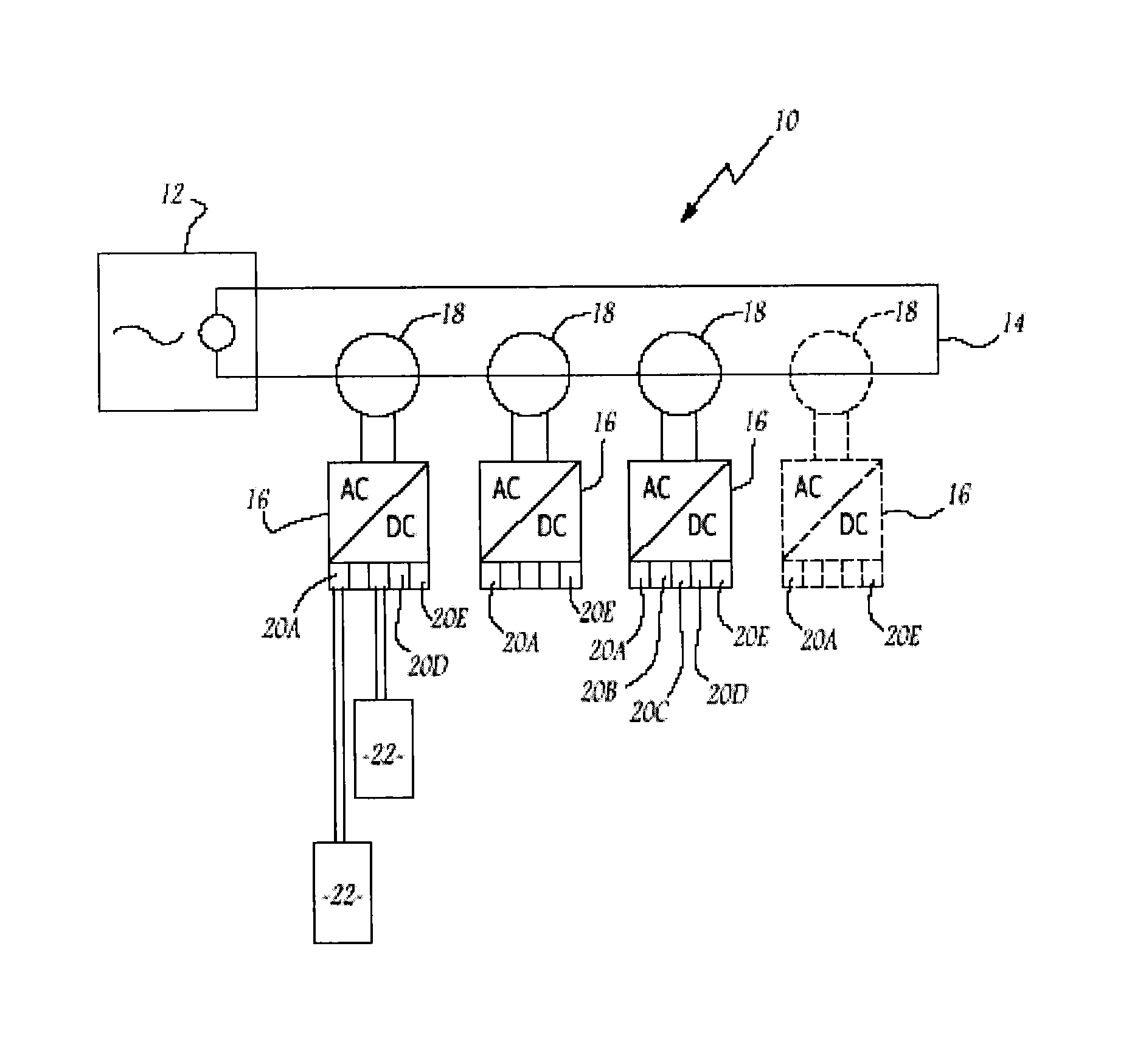 System for supplying direct electric power for at least two loads from an alternating electric power source and method for starting such a supply system