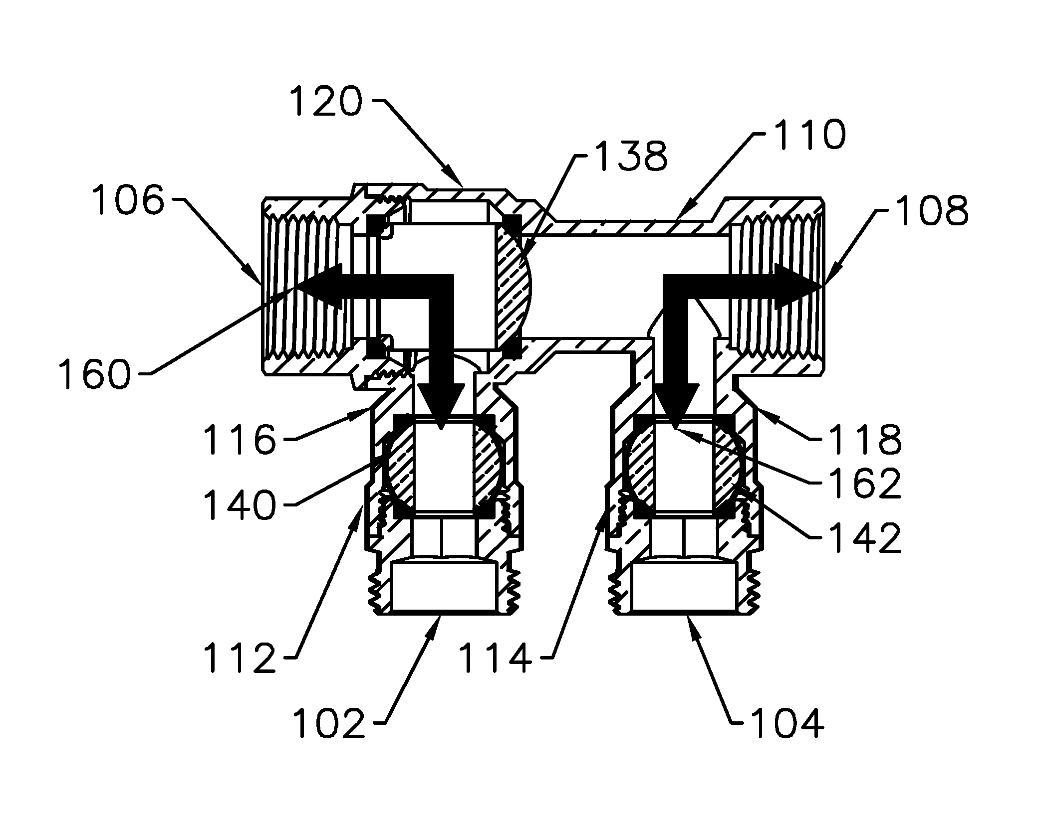 Purge/fill valve with a main valve portion aligned with a tee