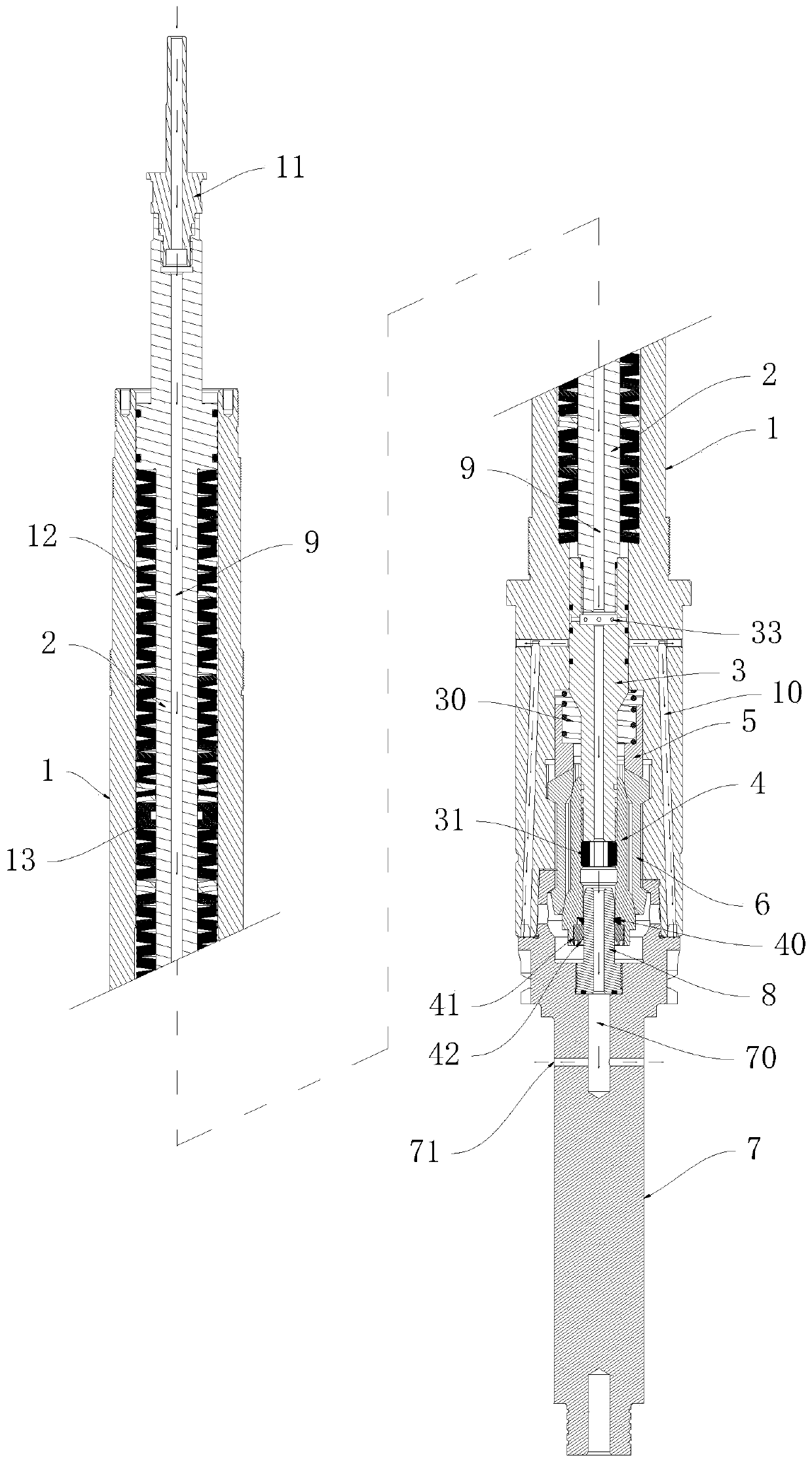 Pull rod device with central pipeline and cutter loosening and clamping method