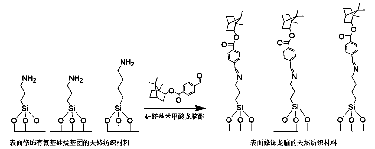 Antibacterial natural textile material with surface modified borneol and its preparation method and application