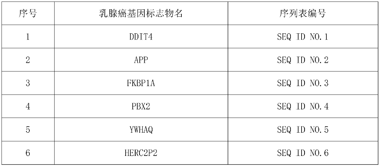 Peripheral blood transcription gene marker for breast cancer detection and application thereof