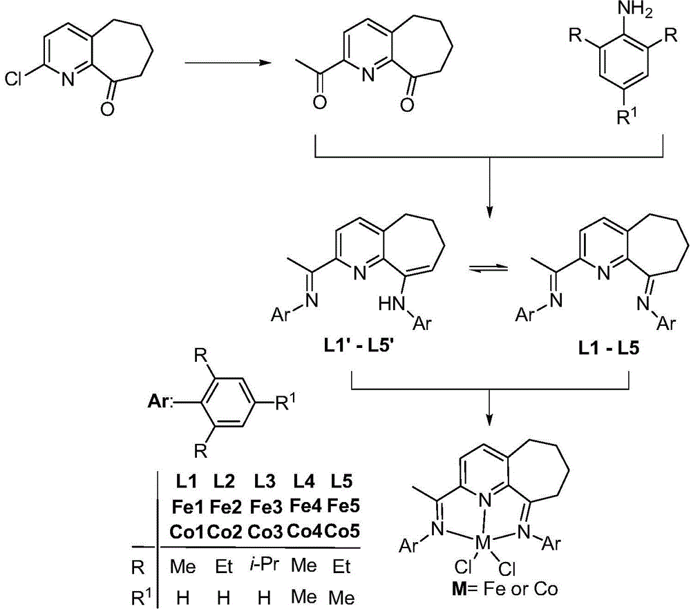 2,6-diimine pyridinocycloheptane iron and cobalt complex catalyst and preparation method therefor and application thereof