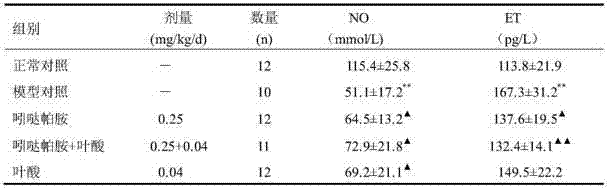 Medicinal composition of indapamide and folic acid and application of medicinal composition