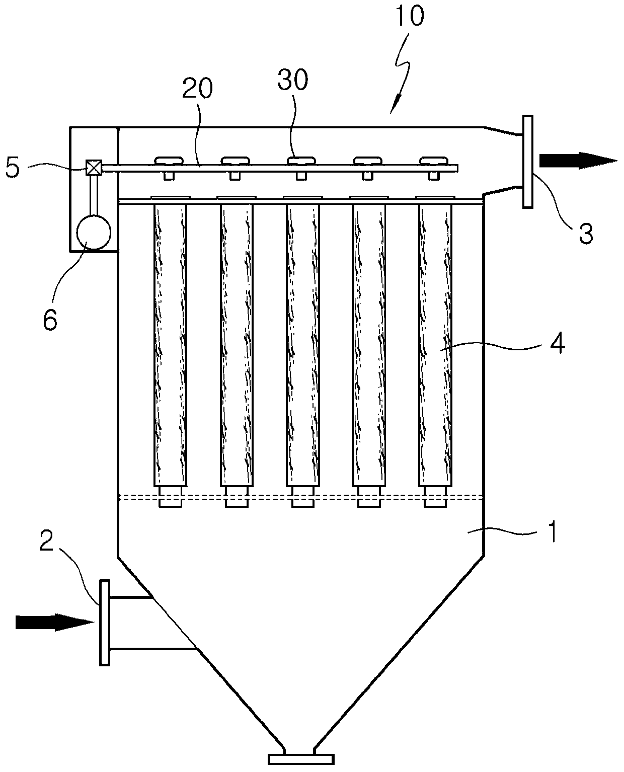 Dust removing device for long bag filter having large diameter