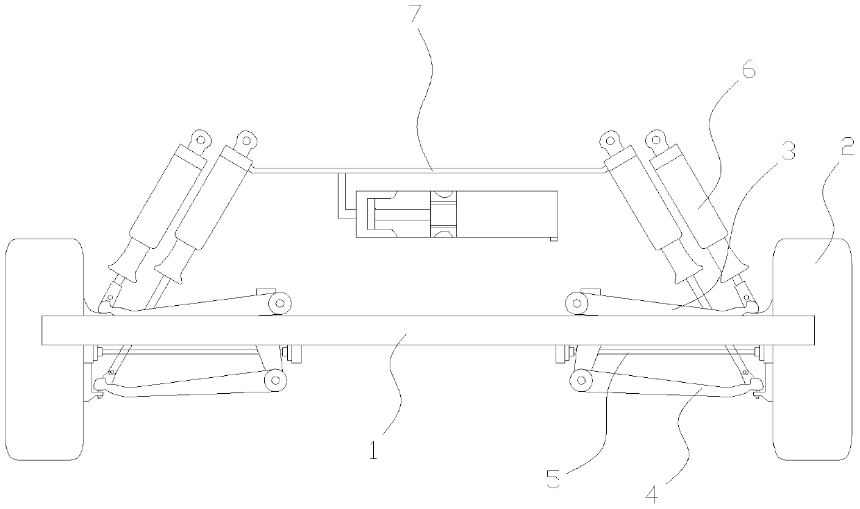 A shock absorber bearing pressure intercommunication conversion system that realizes the change of the top and bottom of the wheel with the terrain