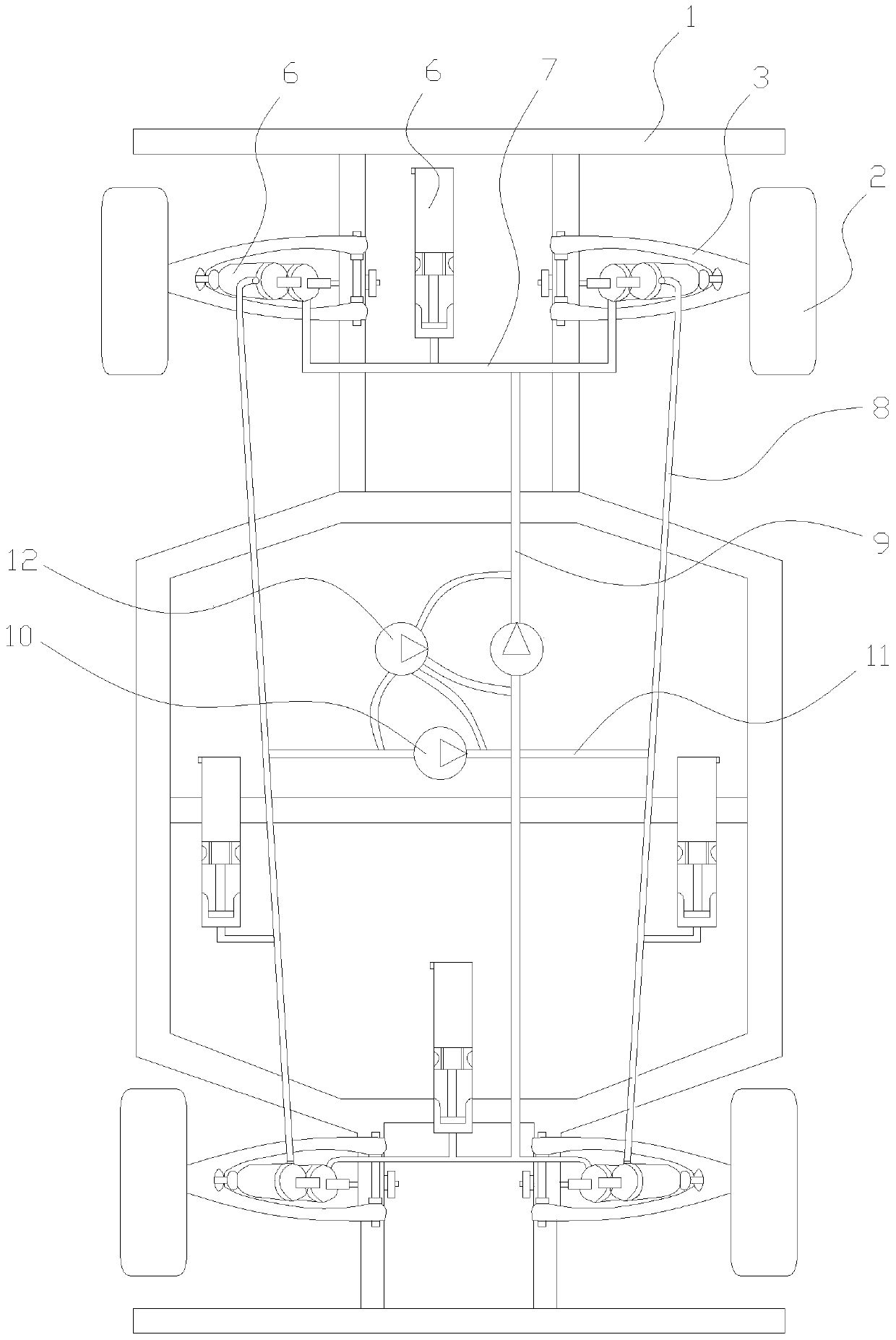 A shock absorber bearing pressure intercommunication conversion system that realizes the change of the top and bottom of the wheel with the terrain