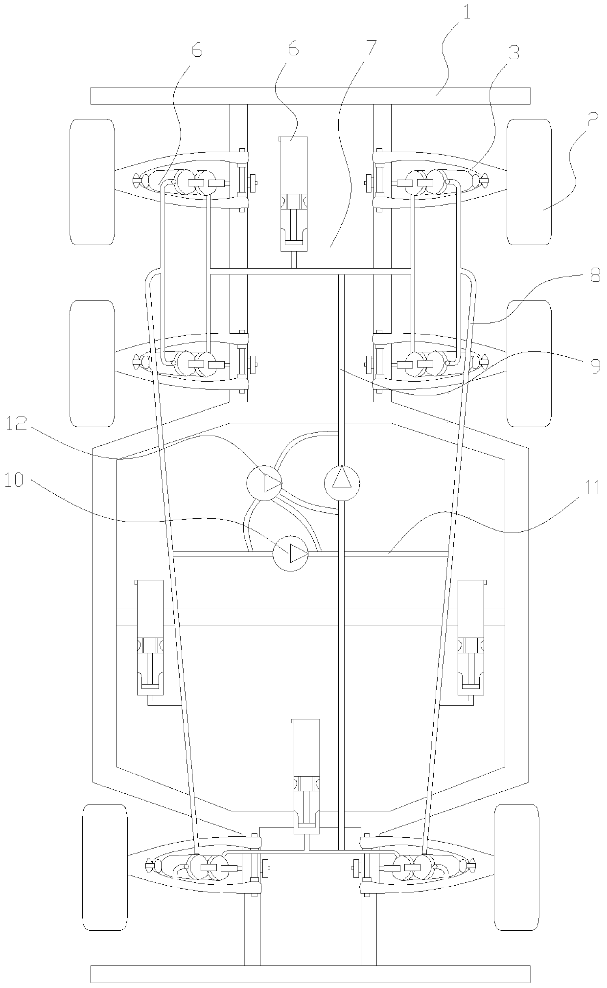 A shock absorber bearing pressure intercommunication conversion system that realizes the change of the top and bottom of the wheel with the terrain