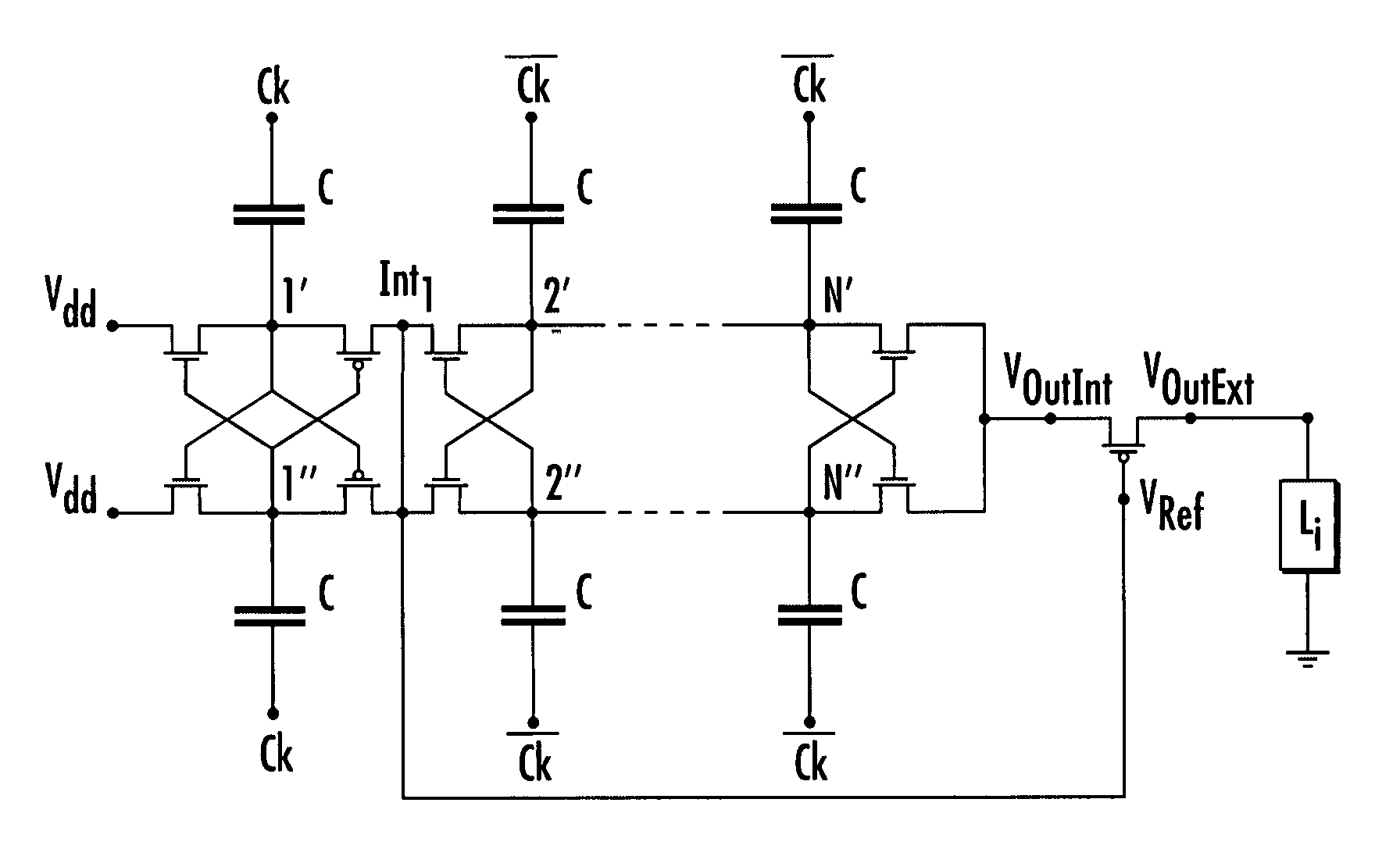 Multi-stage charge pump voltage generator with protection of the devices of the charge pump