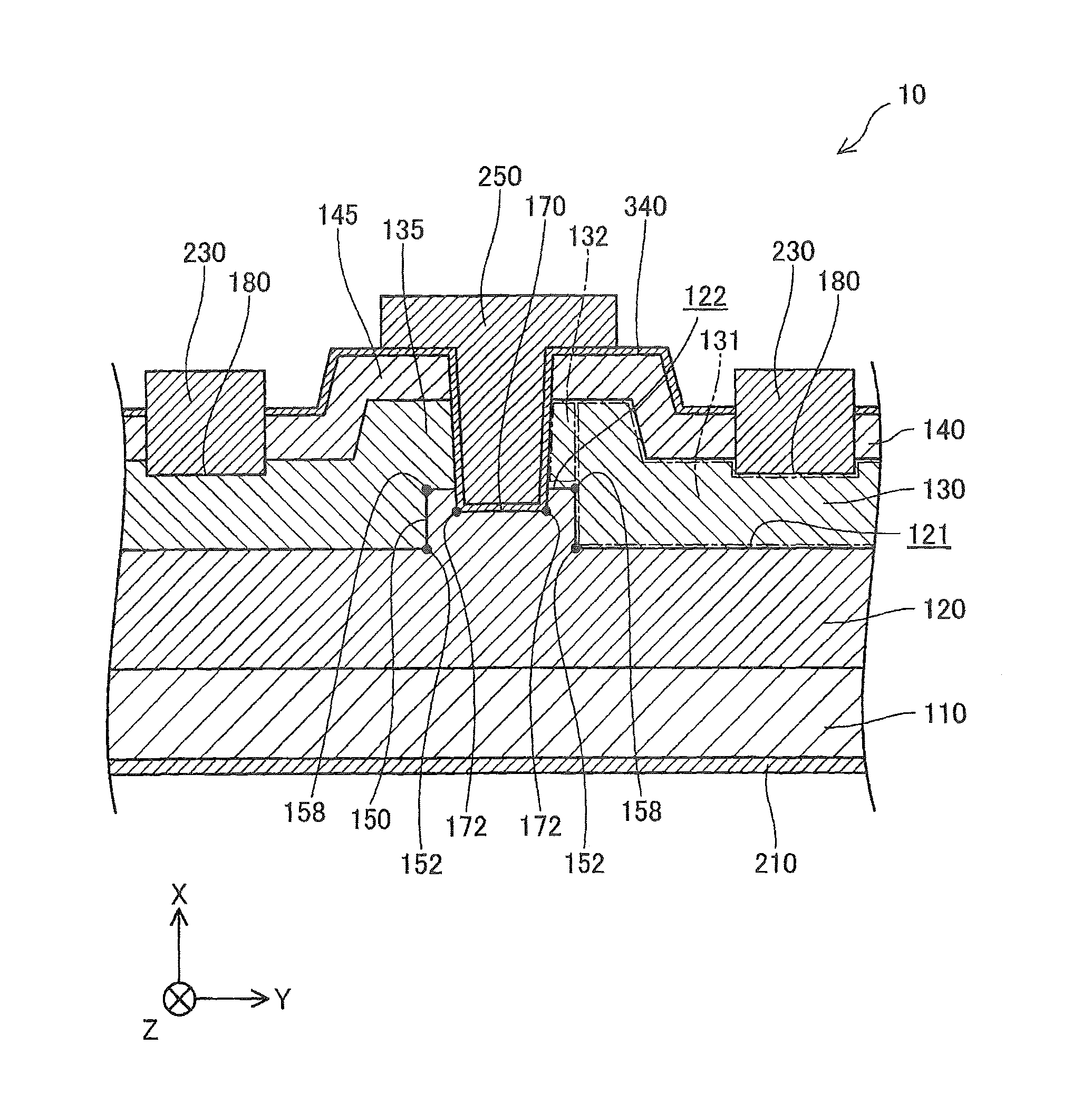 Semiconductor device including first interface and second interface as an upper surface of a convex protruded from first interface and manufacturing device thereof