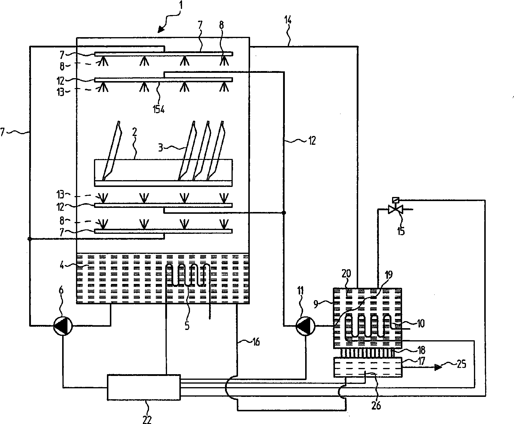 Batch dishwasher with waste water heat recovery