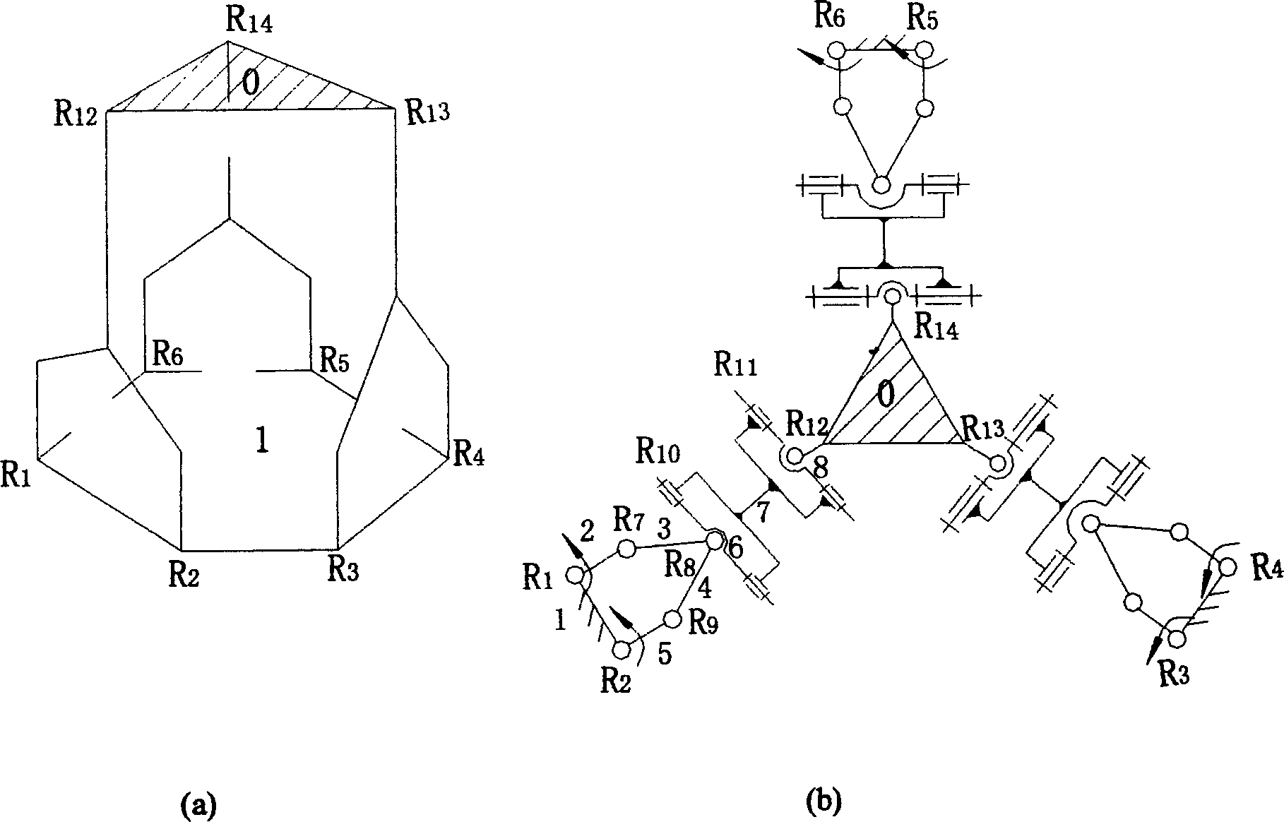 Six freedom parallel mechanism for virtual shaft digitally controlled machine tool and measuring machine