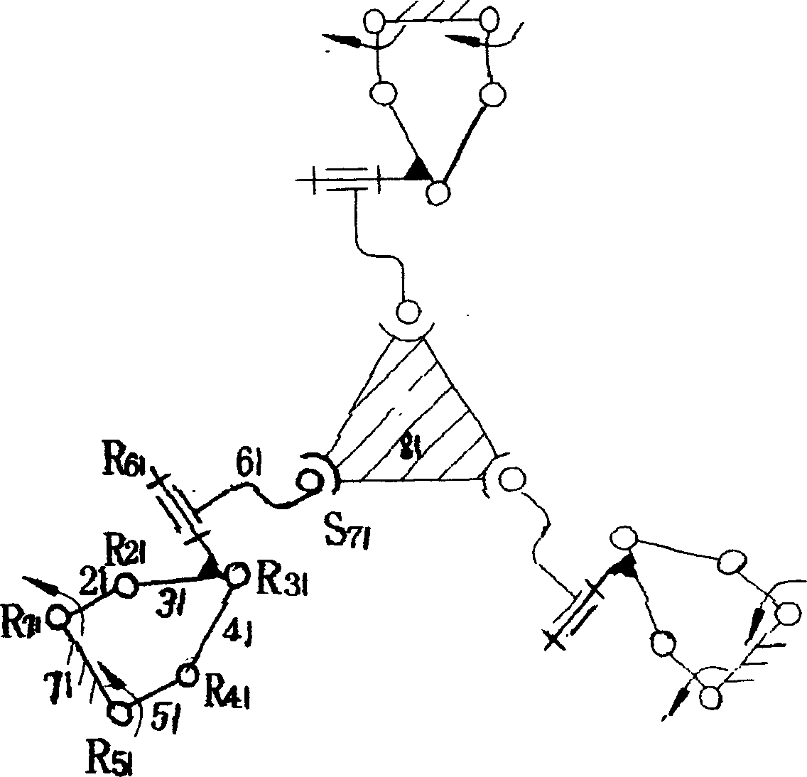 Six freedom parallel mechanism for virtual shaft digitally controlled machine tool and measuring machine