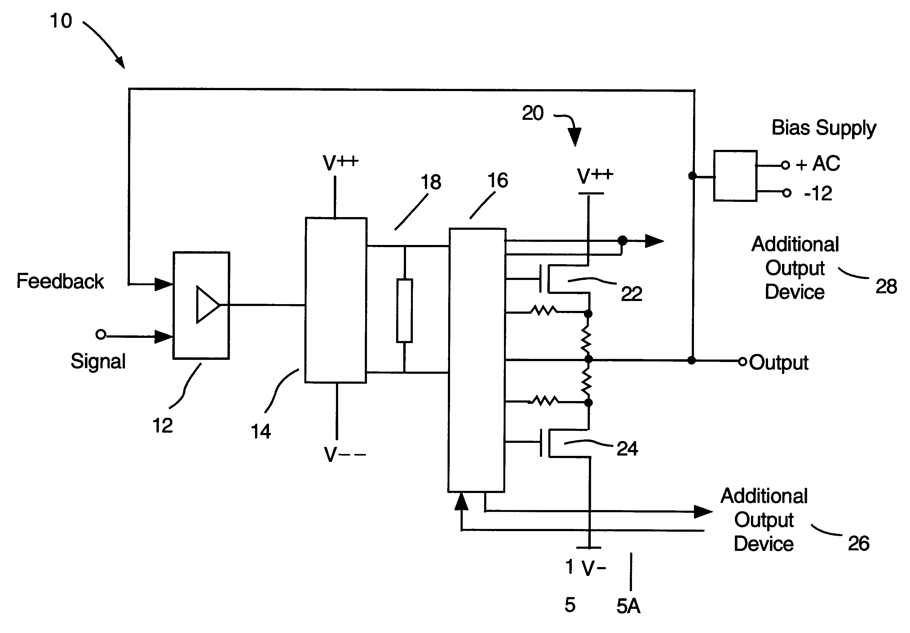 Wide bandwidth, current sharing, MOSFET audio power amplifier with multiple feedback loops