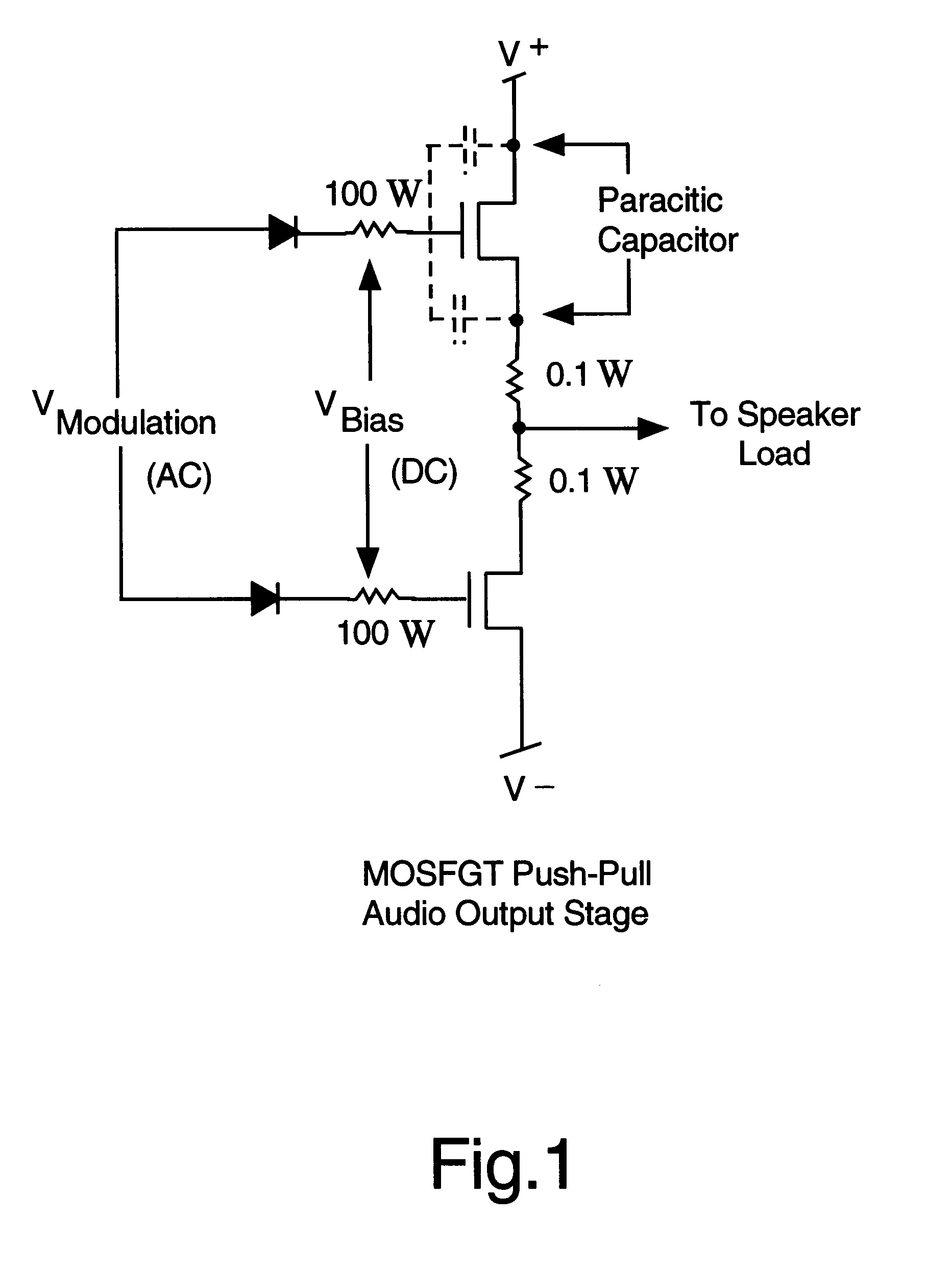 Wide bandwidth, current sharing, MOSFET audio power amplifier with multiple feedback loops