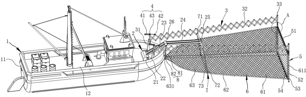 Fishing boat front extension type trawl device based on water surface fishing