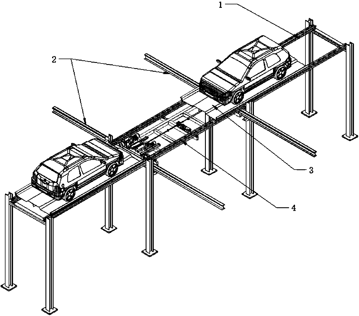 Stereoscopic garage vehicle storing and taking exchanging device