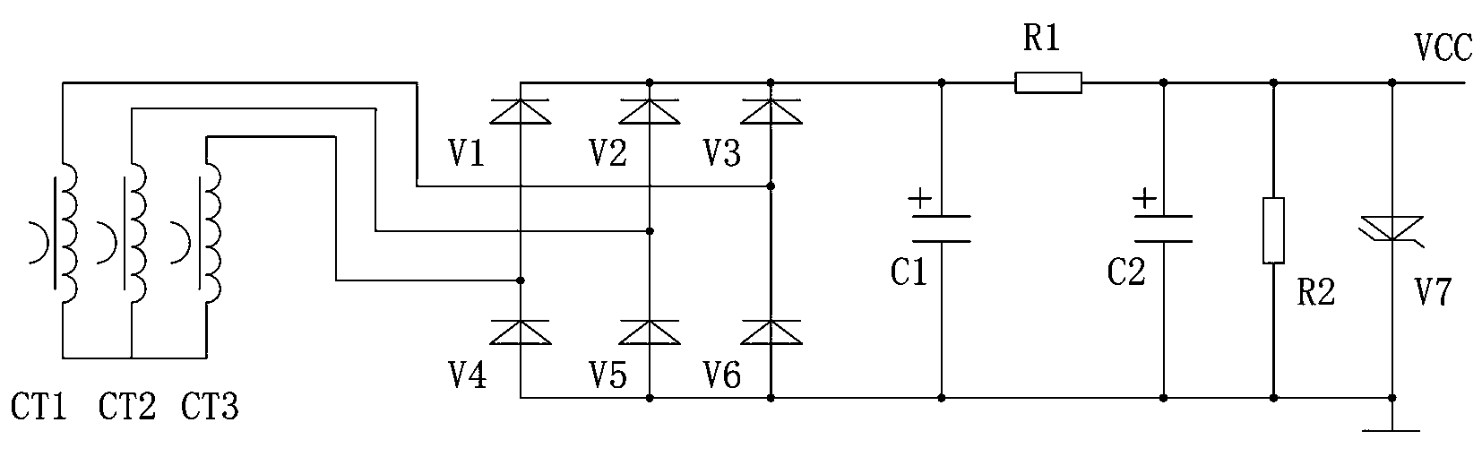 Current mutual inductance type three-phase rectifier power supply device