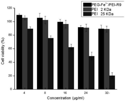 A PEGylated Fe based on functional peptide R9 modification  <sup>3+</sup> /pei gene carrier and its preparation method and application