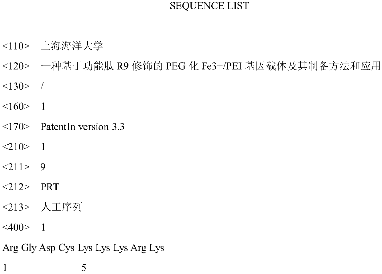 A PEGylated Fe based on functional peptide R9 modification  <sup>3+</sup> /pei gene carrier and its preparation method and application