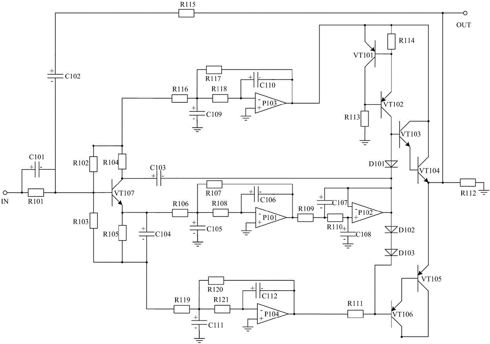 Logic protection emitter coupling-type three-filtering nonlinear negative feedback switching voltage-stabilizing power supply