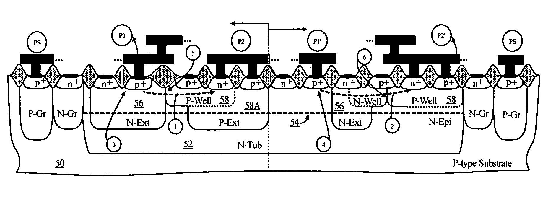 Devices with adjustable dual-polarity trigger- and holding-voltage/current for high level of electrostatic discharge protection in sub-micron mixed signal CMOS/BiCMOS integrated circuits