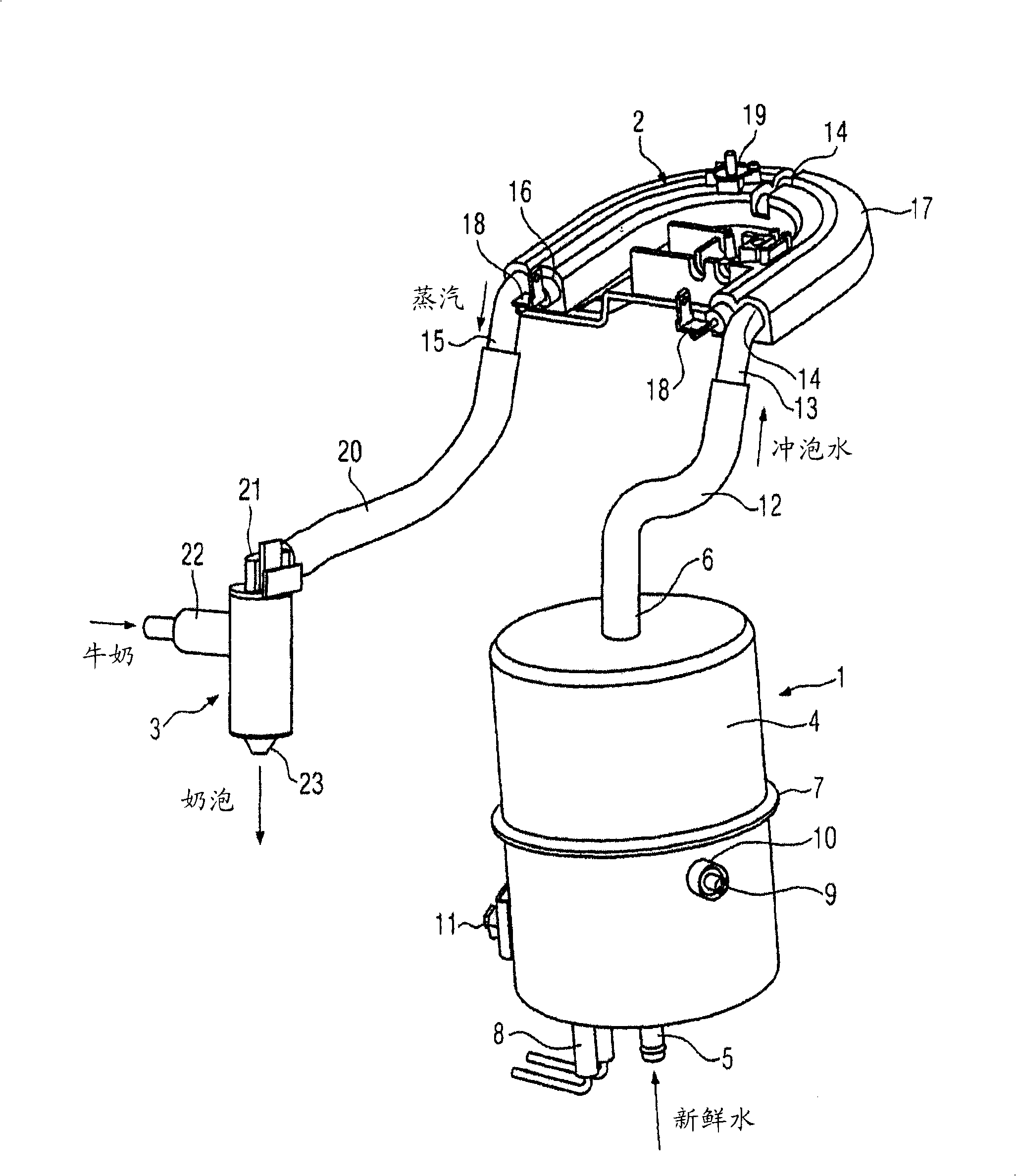 Hot water unit for a hot beverage maker including a milk foamer