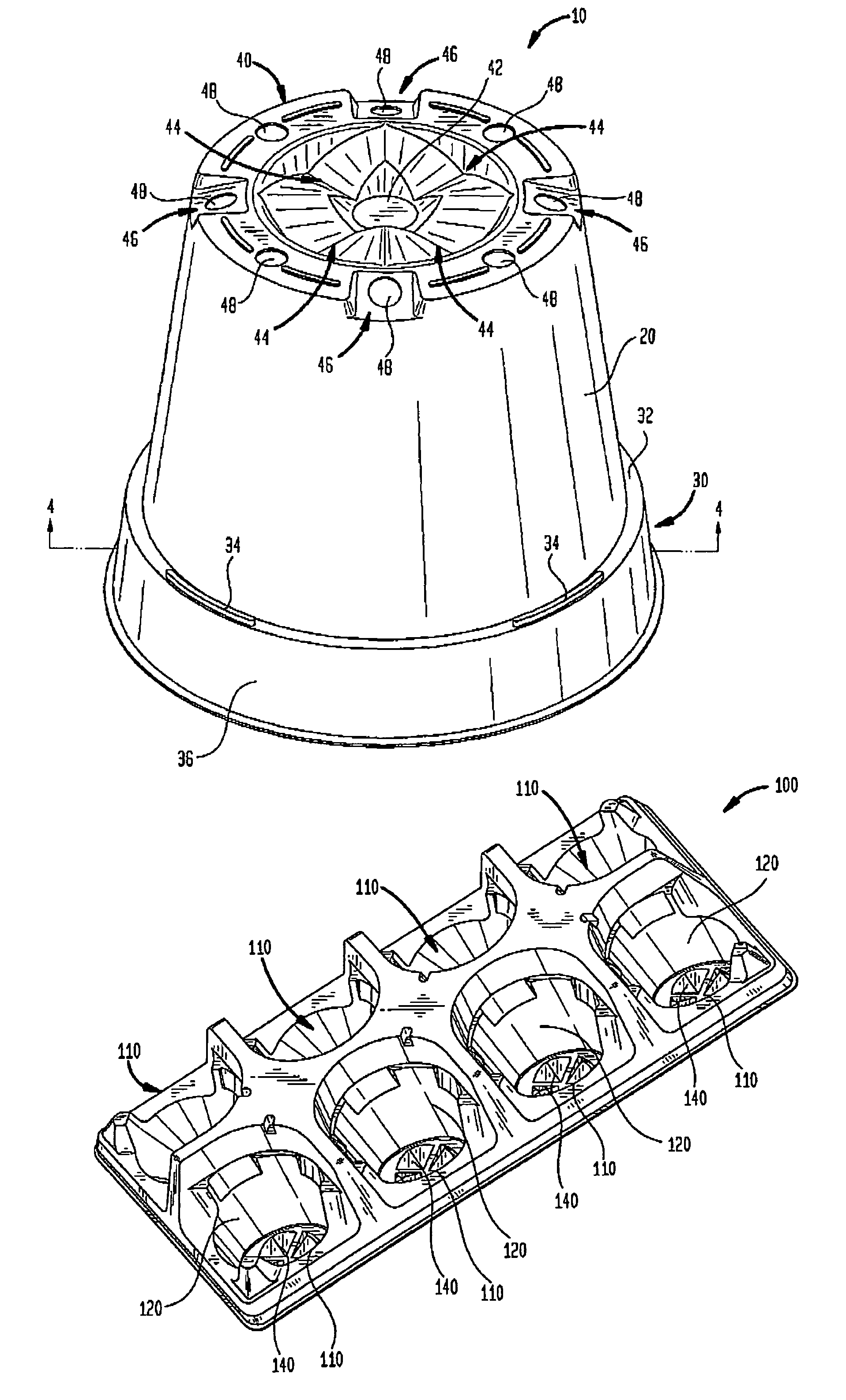 Planting pots and multi-compartment tray having self-orienting configuration