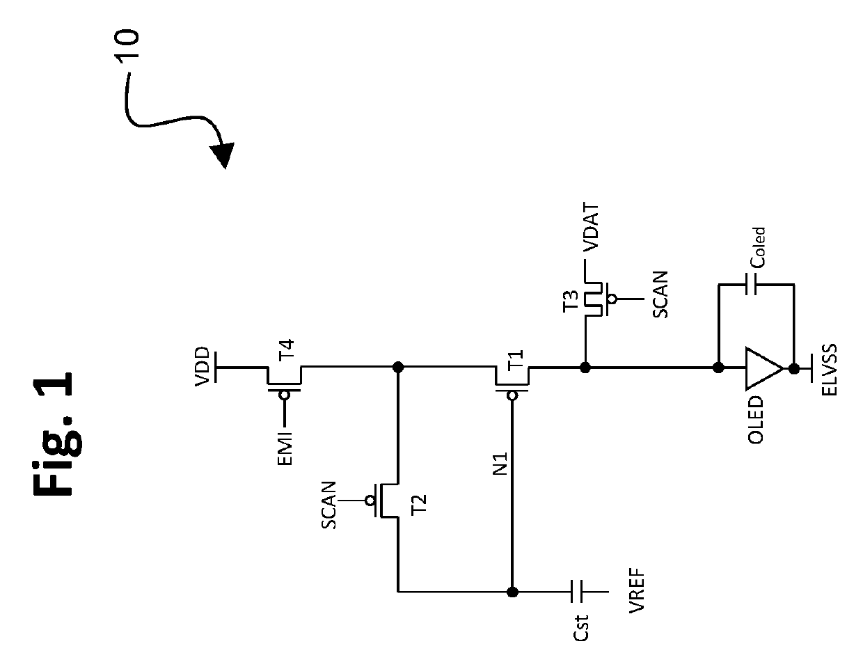 TFT pixel threshold voltage compensation circuit with data voltage applied at light-emitting device