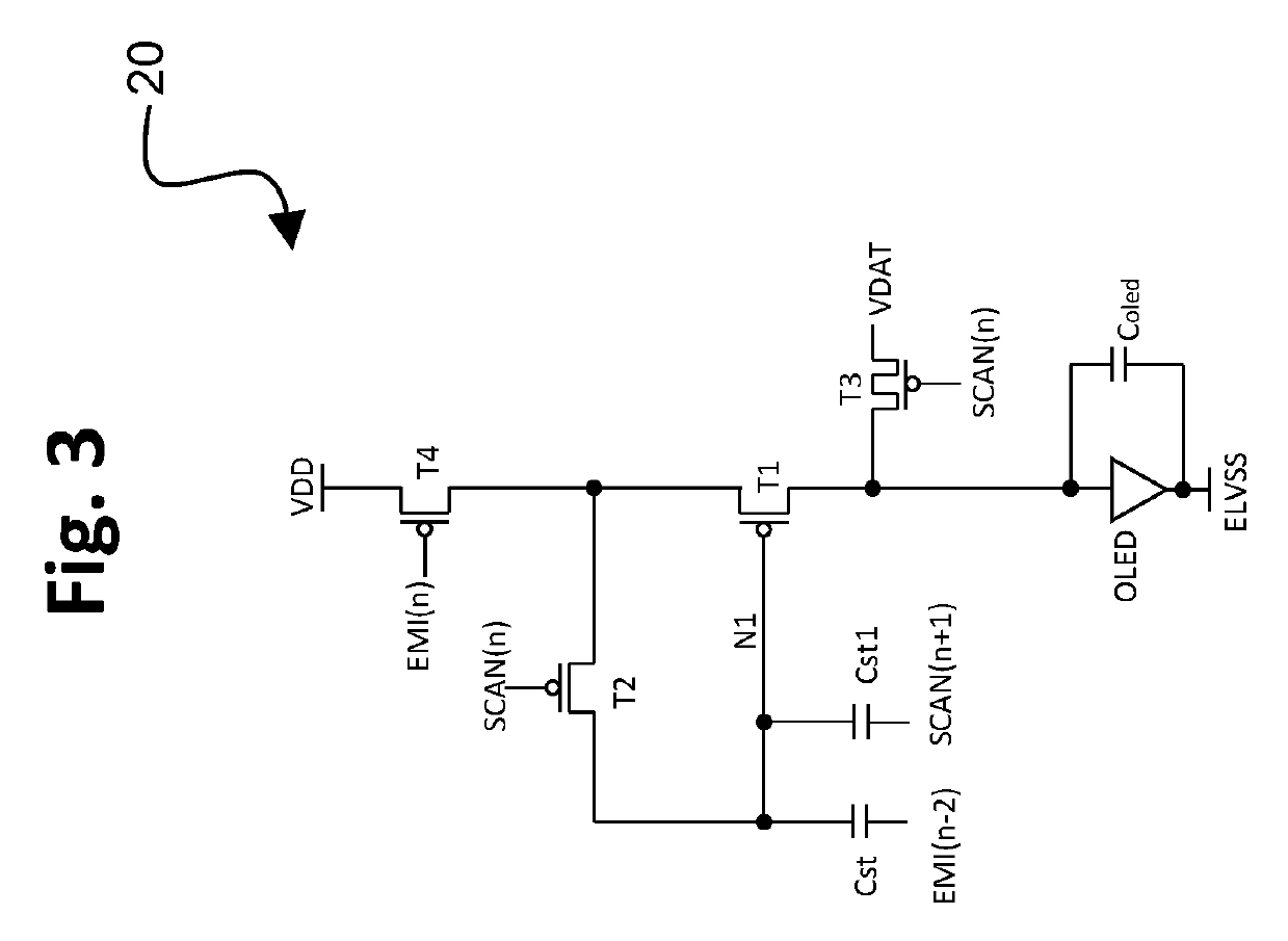 TFT pixel threshold voltage compensation circuit with data voltage applied at light-emitting device