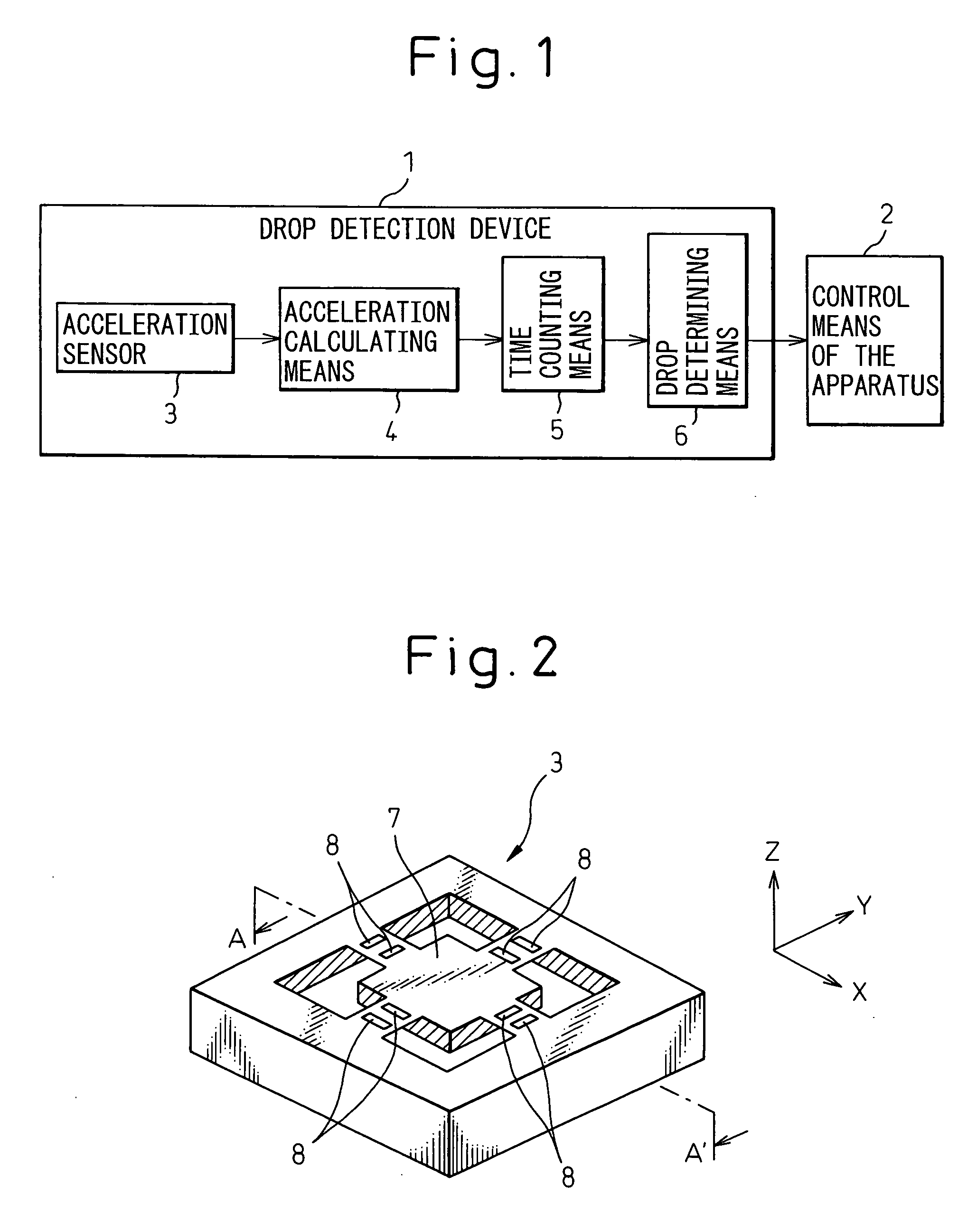 Drop detection device or abnormality detection device and portable apparatus equipped with said device