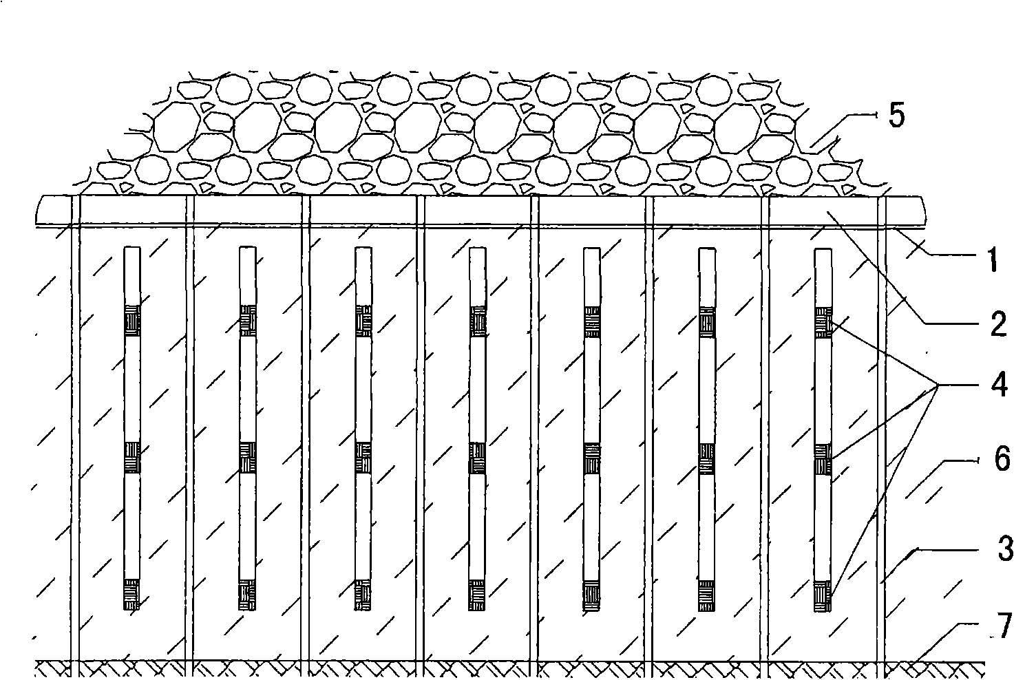 Method for consolidating mud soft base by explosion and piling prepressing united drainage