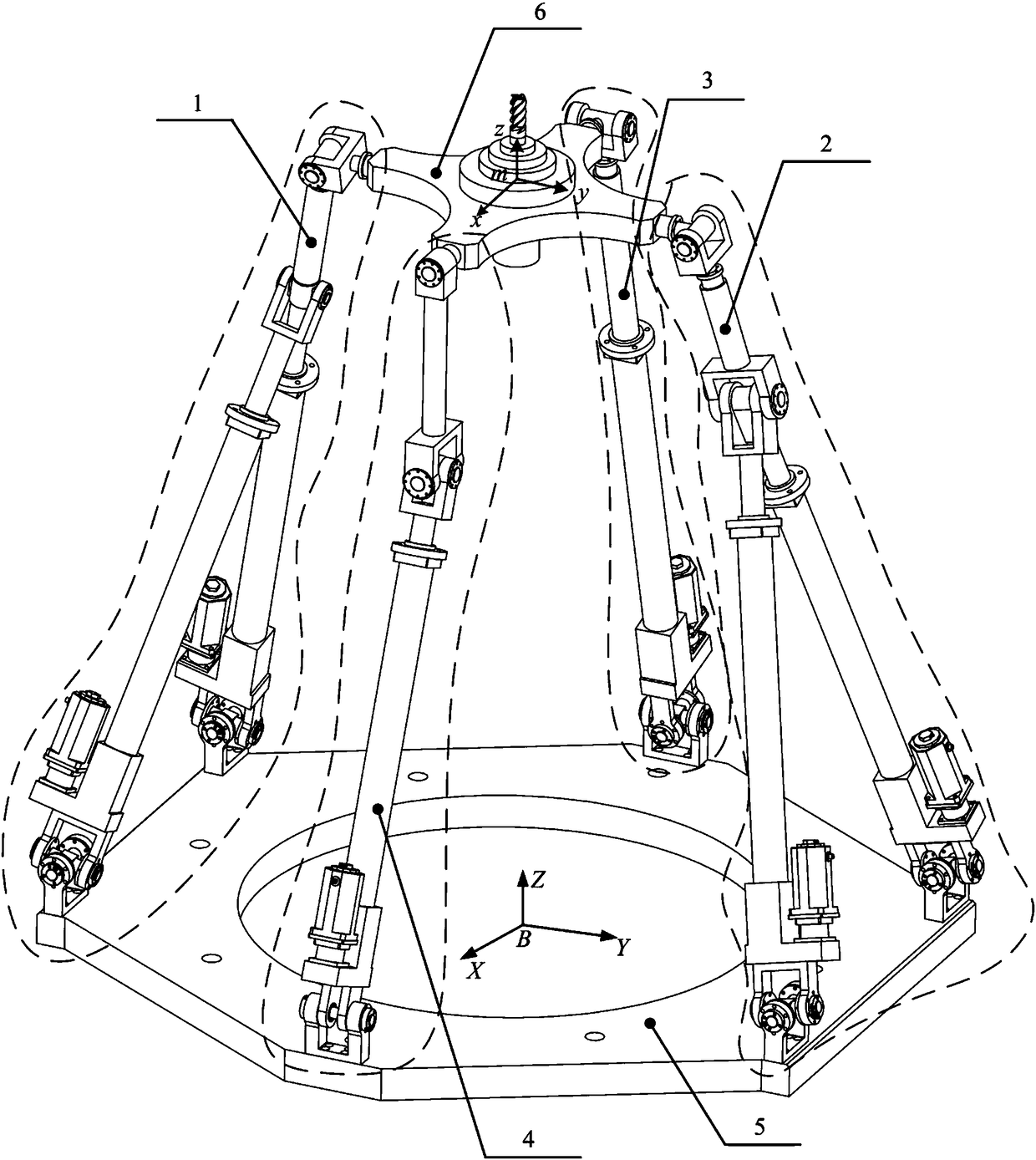 Redundant drive five degrees of freedom parallel machine tool with large rotation angle