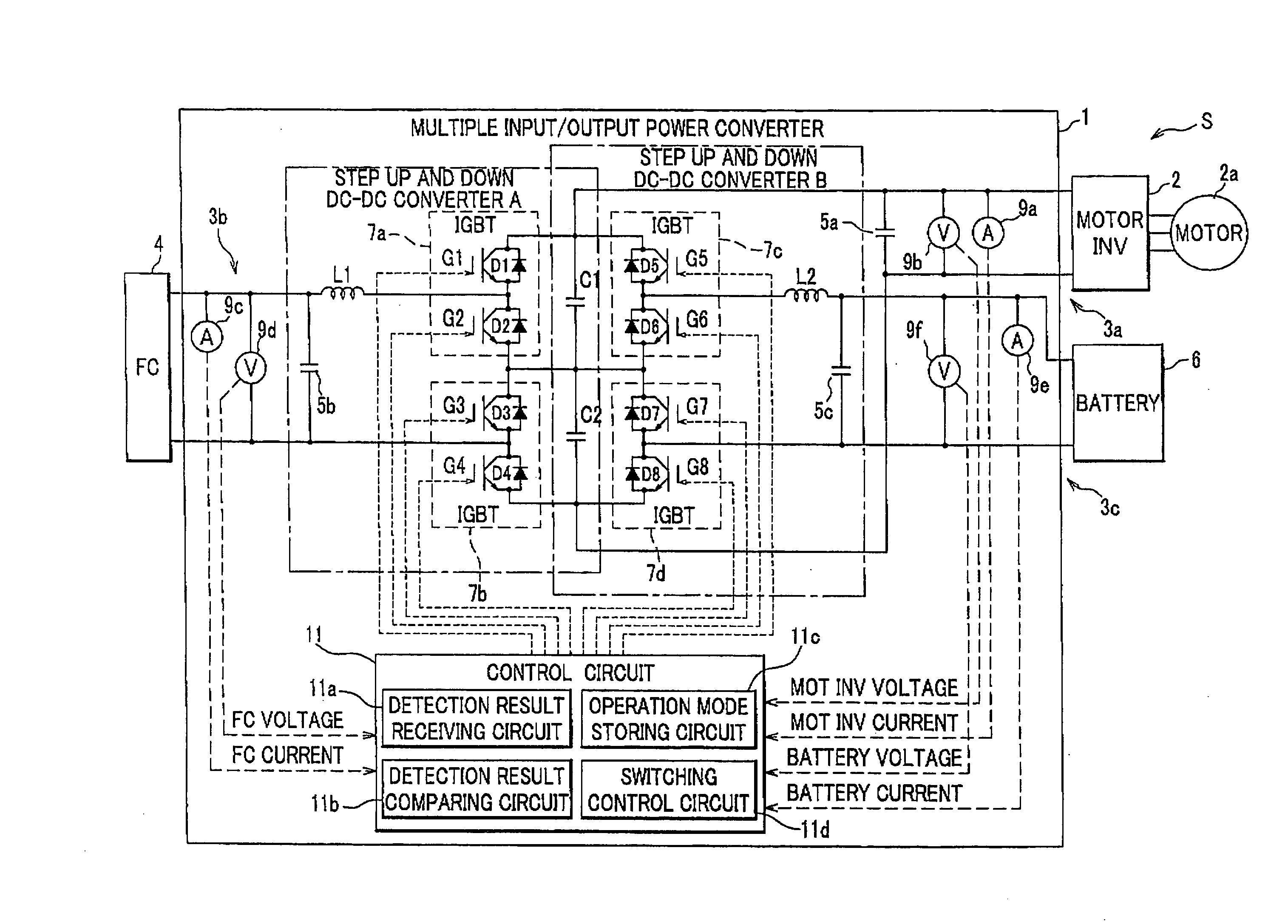 Multiple input/output power converter and fuel cell vehicle with same