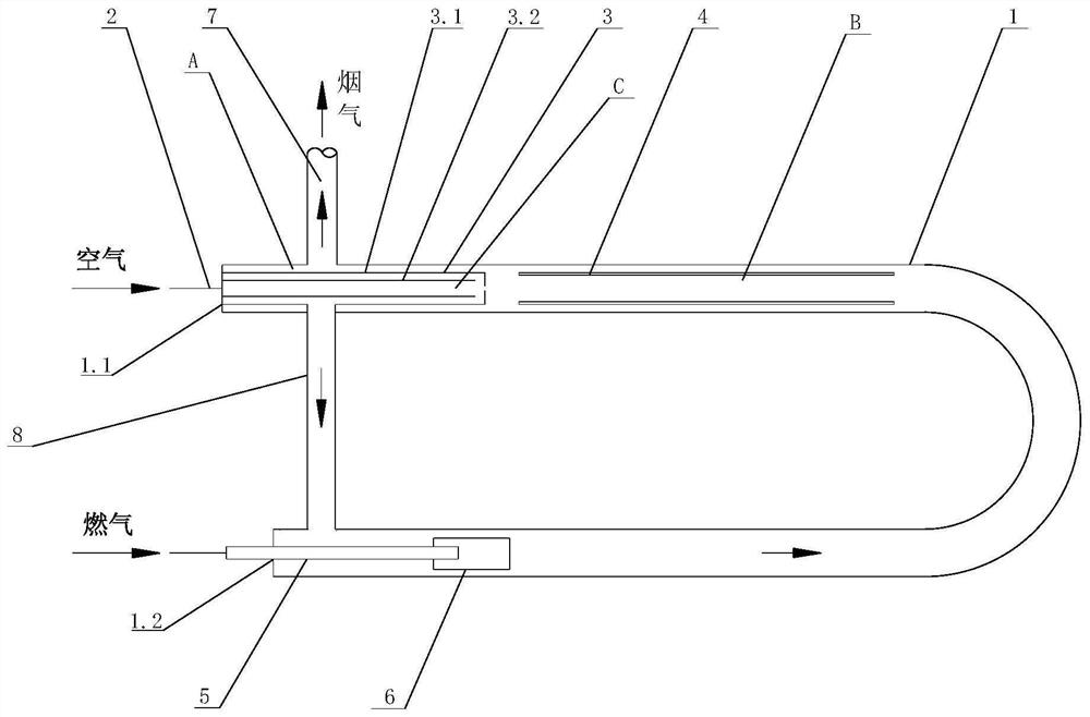 Two-end type radiant tube staged combustion device and using method