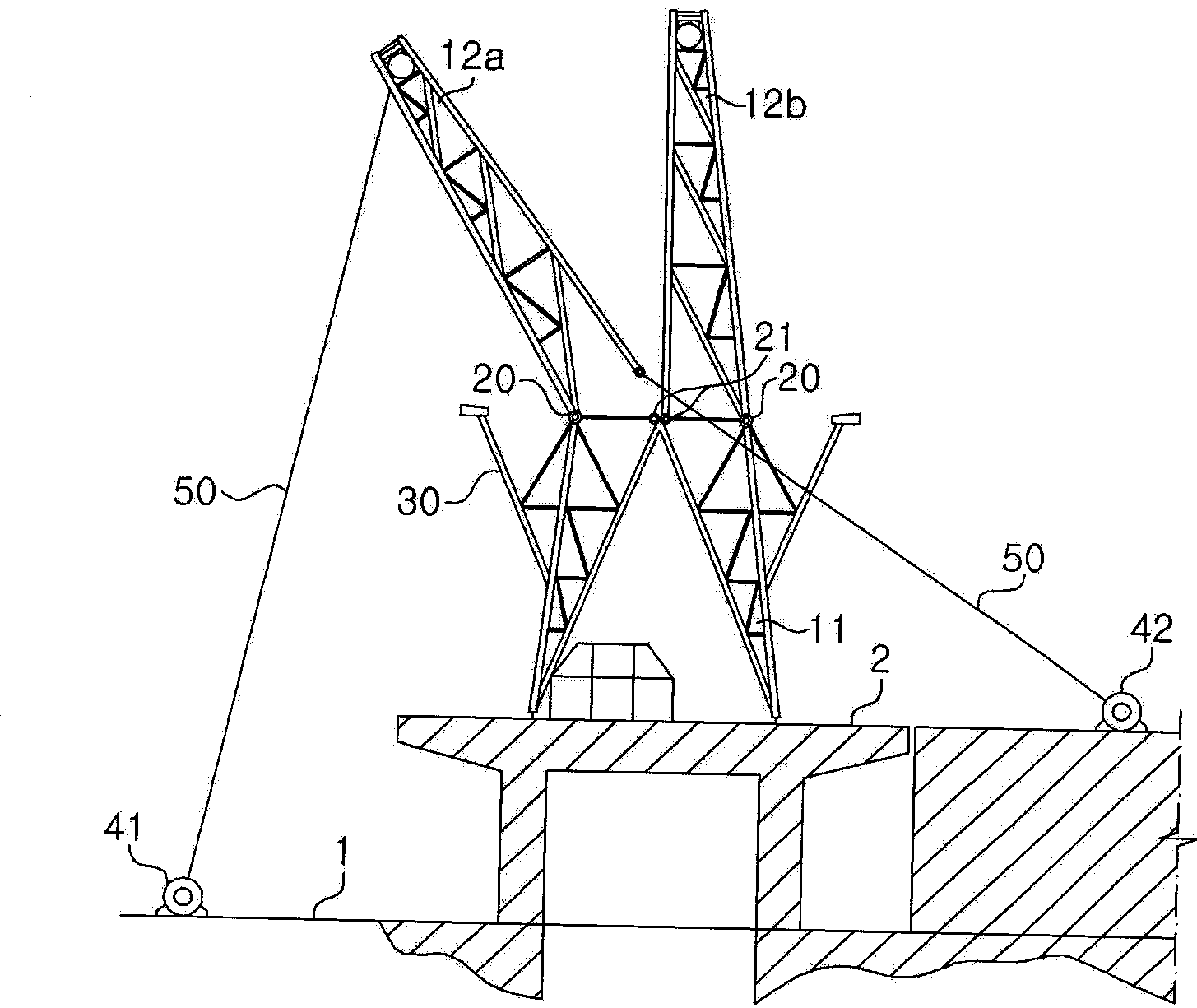 Foldable derrick structure for a ship