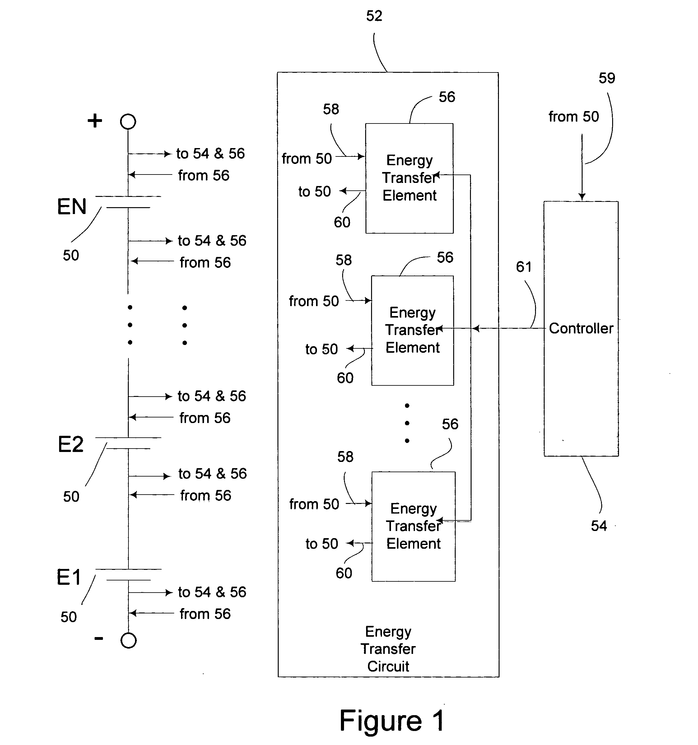 Energy transfer device for series connected energy source and storage devices