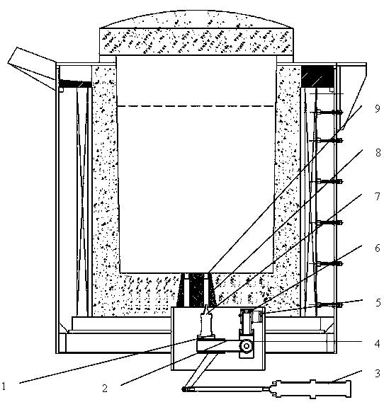 Left wheel popup box type porous pull-down plug graphite water gap device of electromagnetic slag smelter