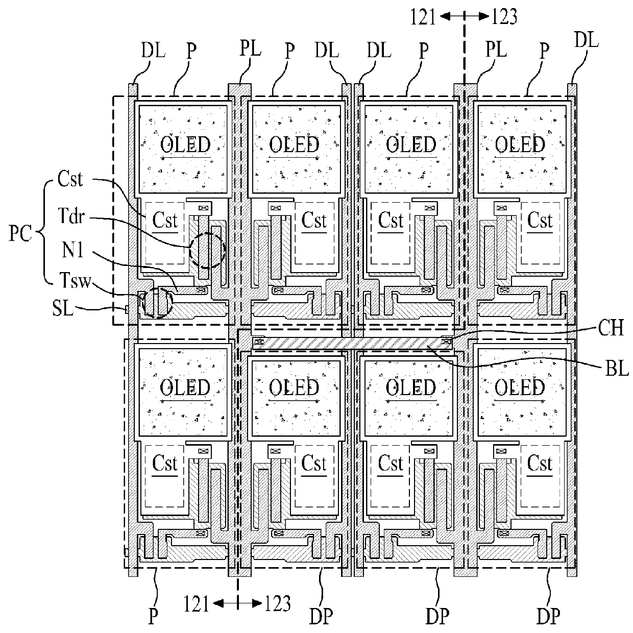 Bridge lines for powering a small form factor OLED display device