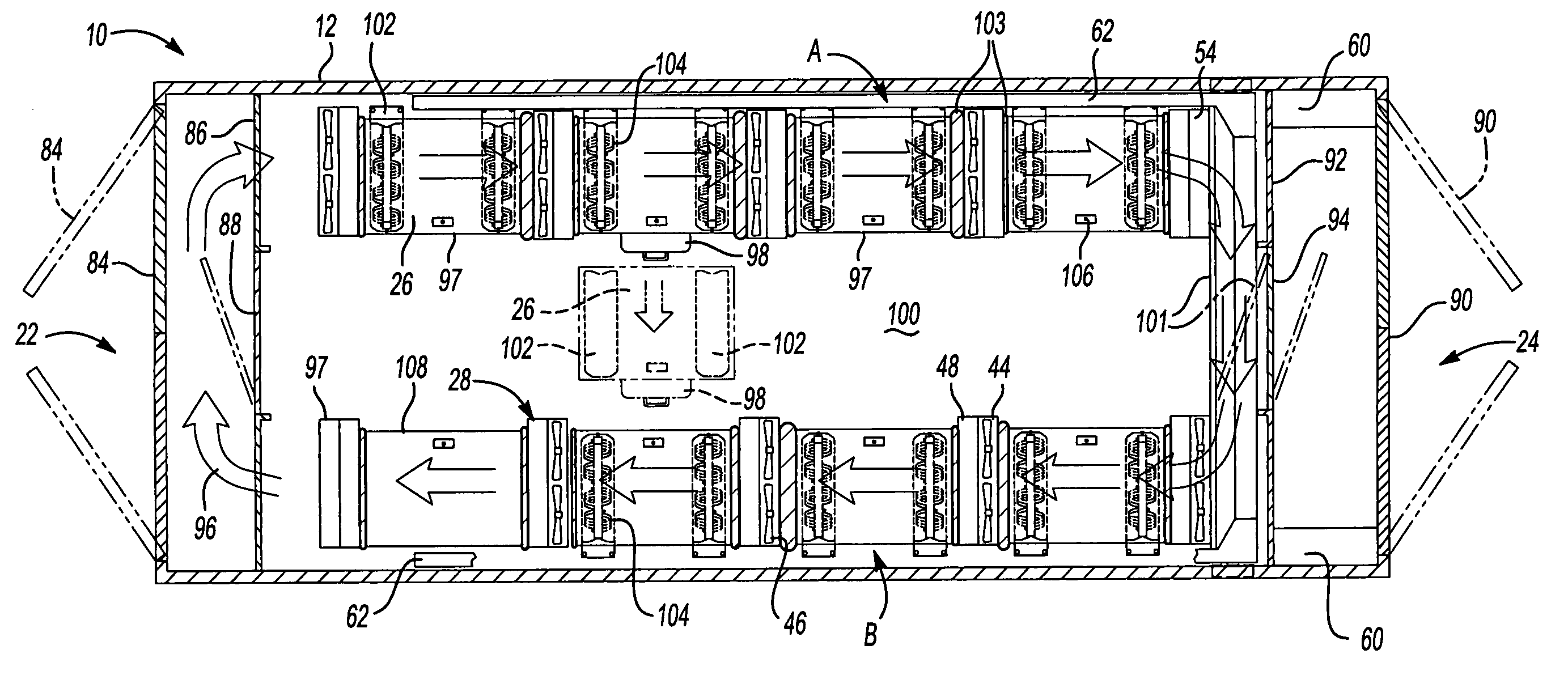 Cooling air flow loop for a data center in a shipping container