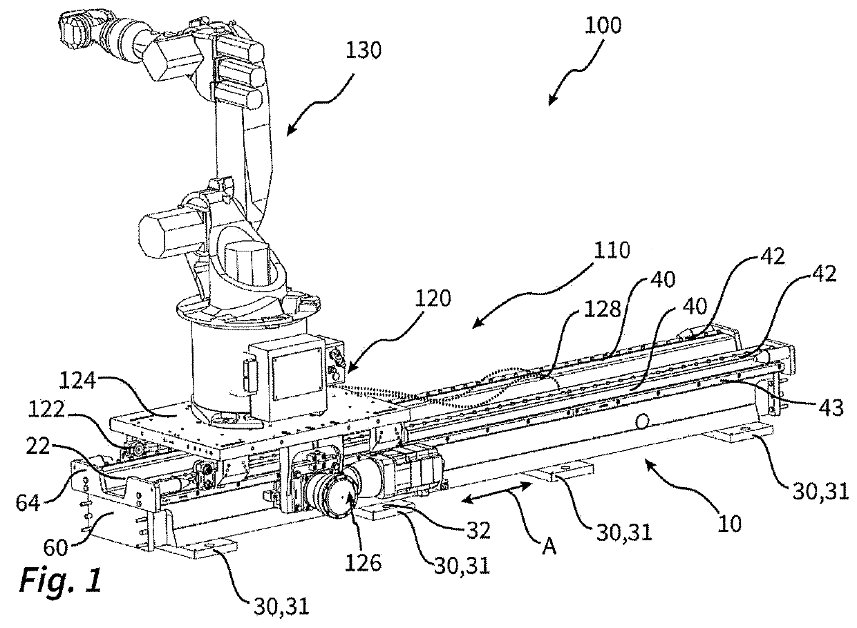 Support rail for a robot platform that can be moved in translation, and motion system and robot system having a support rail of this kind