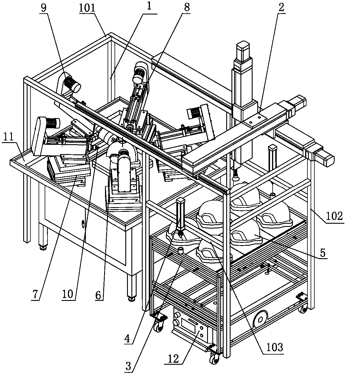 Automatic conveying bulletproof helmet five-station six-hole drilling machine