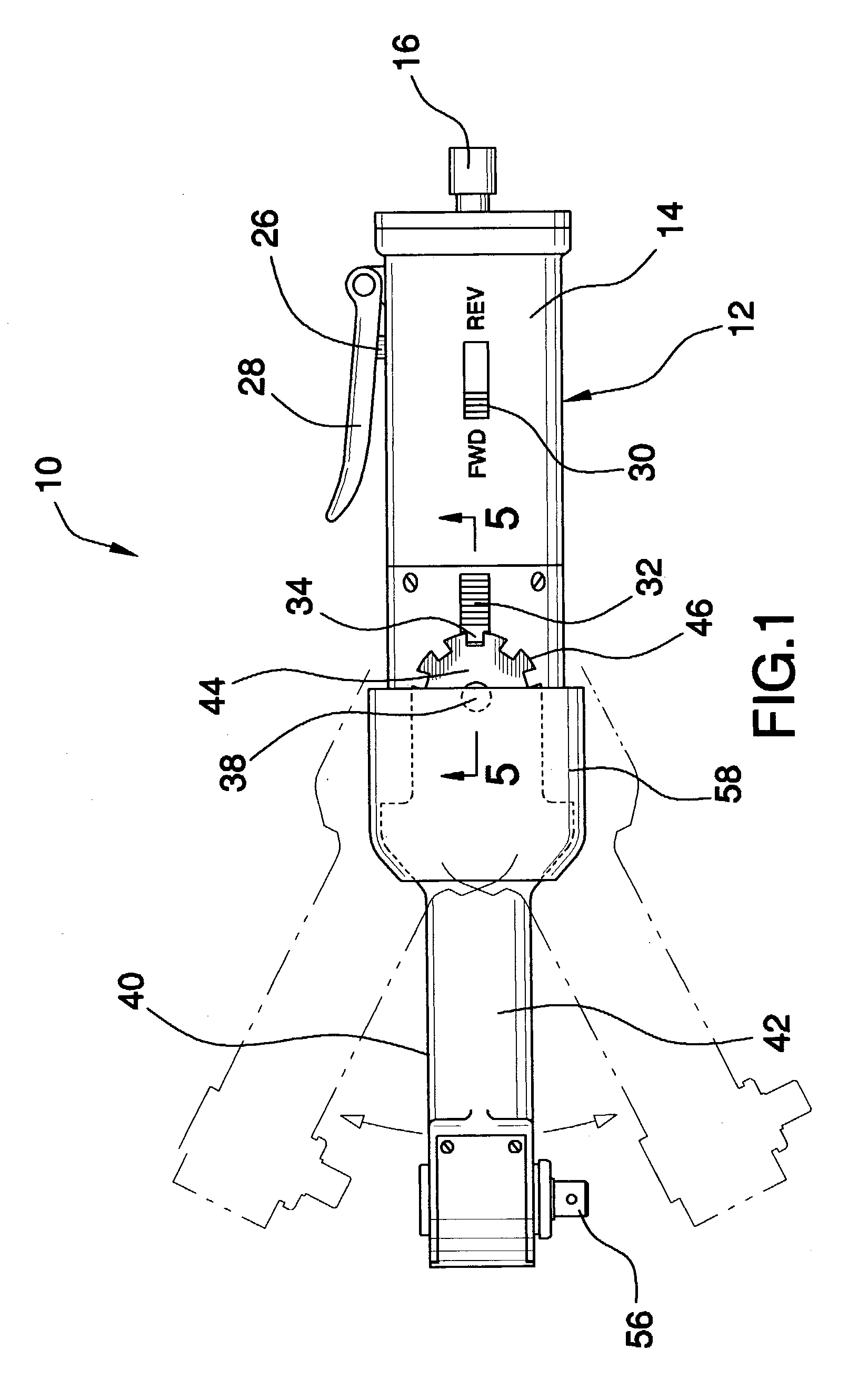 Air powered wrench device with pivotable head and method of using