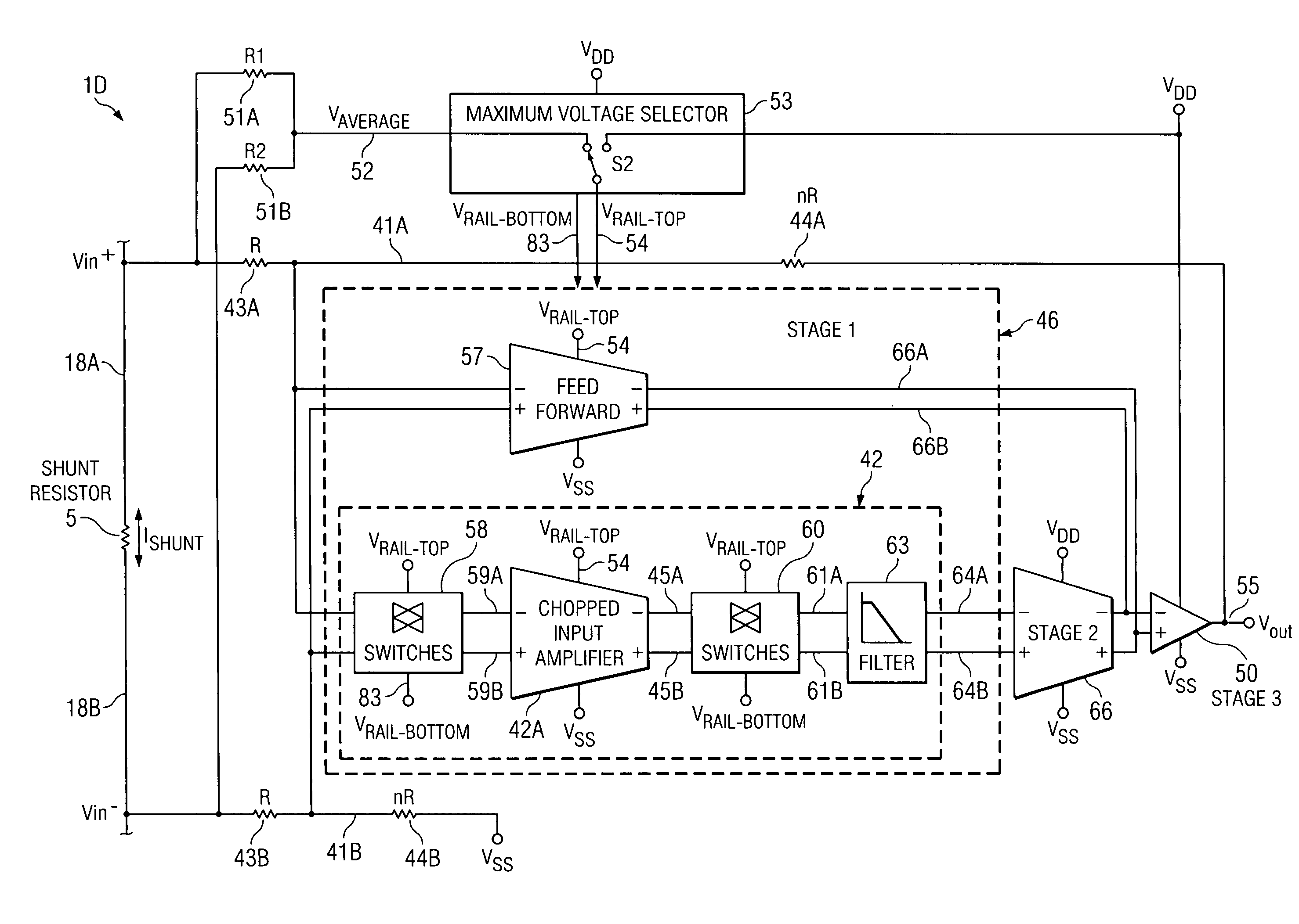 High-voltage differential amplifier and method using low voltage amplifier and dynamic voltage selection