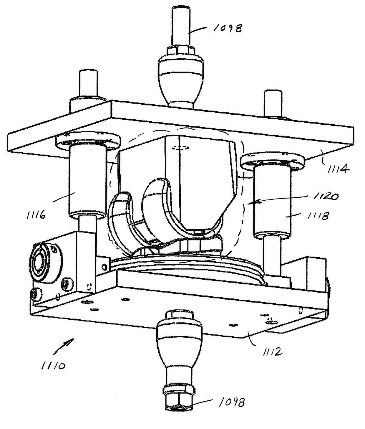 Adjustable testing apparatus for an orthopaedic specimen such as a knee implant prosthesis