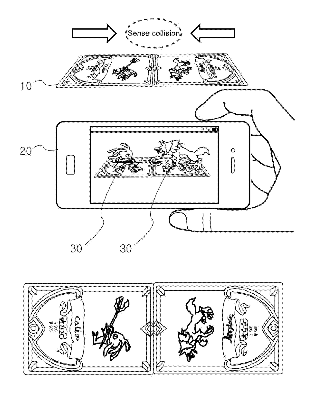 Data processing method for reactive augmented reality card game and reactive augmented reality card game play device, by checking collision between virtual objects