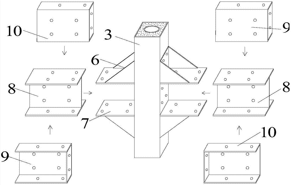 Constraint type assembly compound concrete filled-steel tubular column and steel beam joints provided with reinforcing blocks