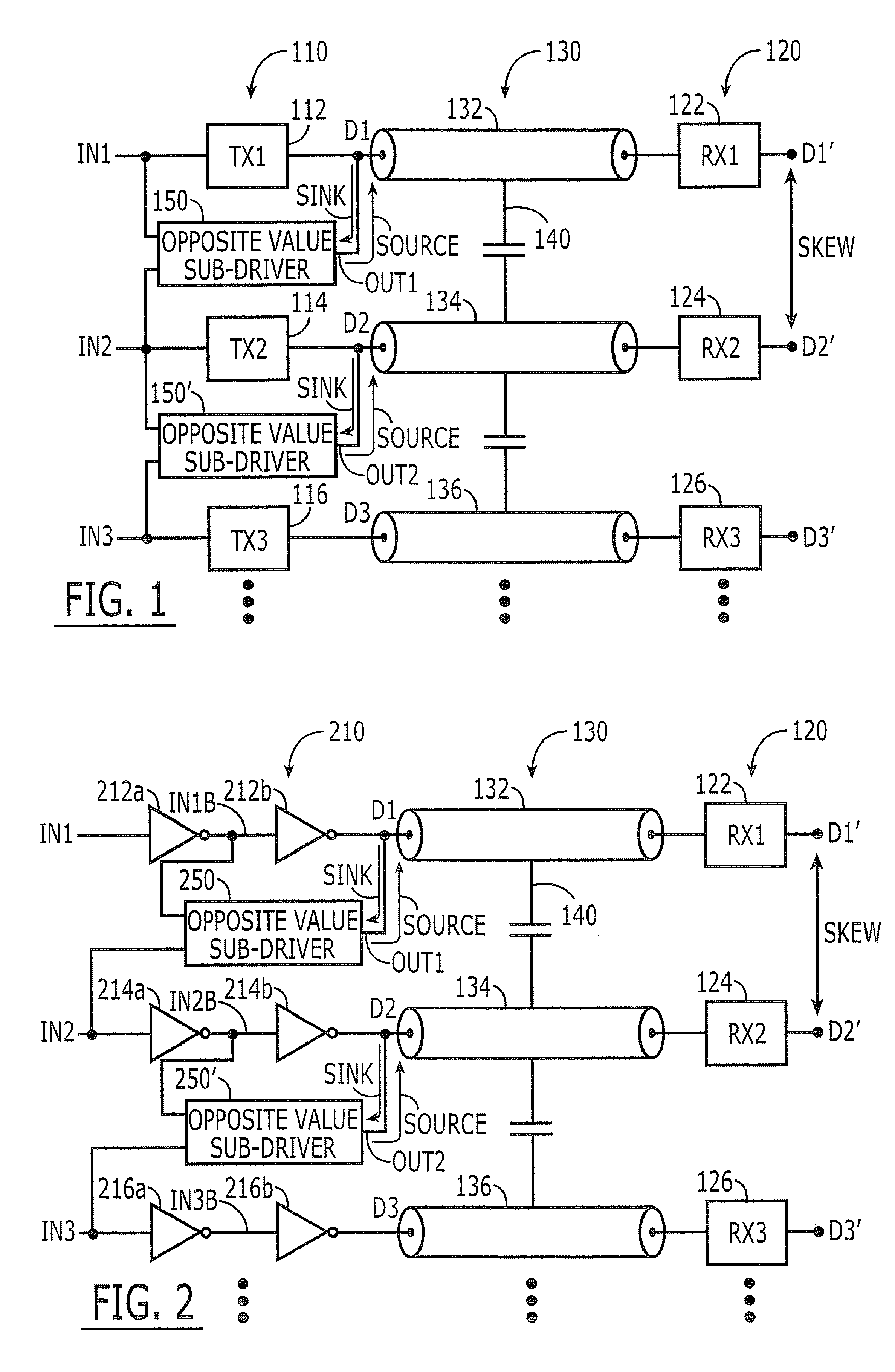 Skew-reducing signal line sub-driver circuits, methods and systems